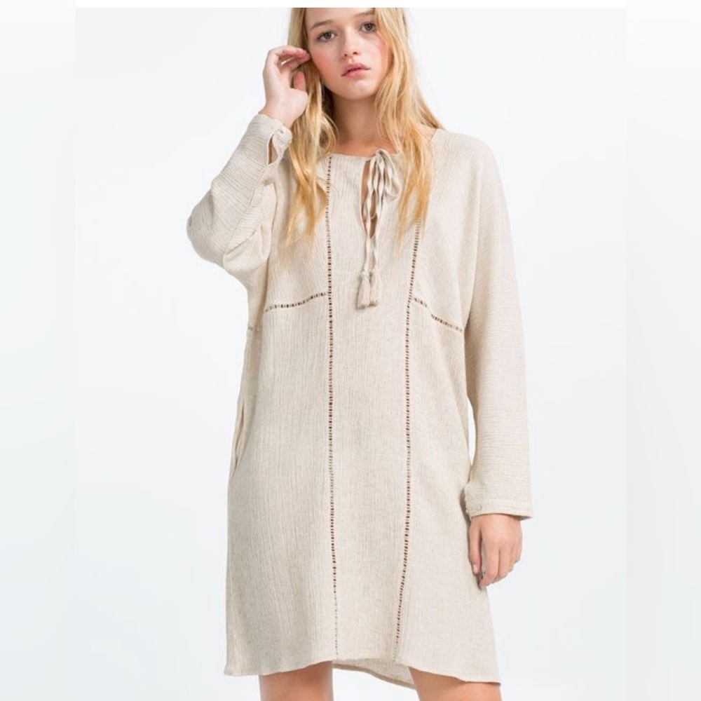 ZARA Trafaluc Long Sleeve Beach Coverup Tan Tassel Pocket Midi Dress, Size Small